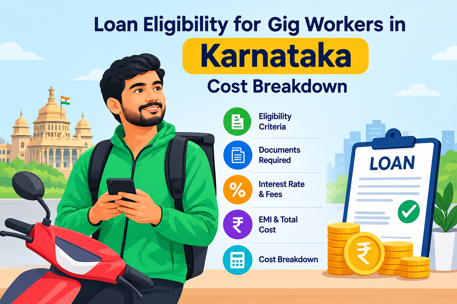 Loan eligibility for gig workers in Karnataka showing a delivery rider, eligibility criteria, required documents, interest rates, EMI, and loan cost breakdown.